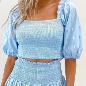Queen of Sparkles Smocked Puff Sleeve Crop Top Size S 100% Cotton Blue Crystals